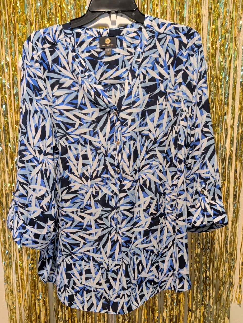 🔥JM Collection Navy, Light Blue & White Leaf-Print Blouse